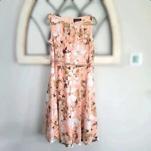 Evan Picone Black Label Sleeveless Peach Blossom Belted Lace Dress Size 14